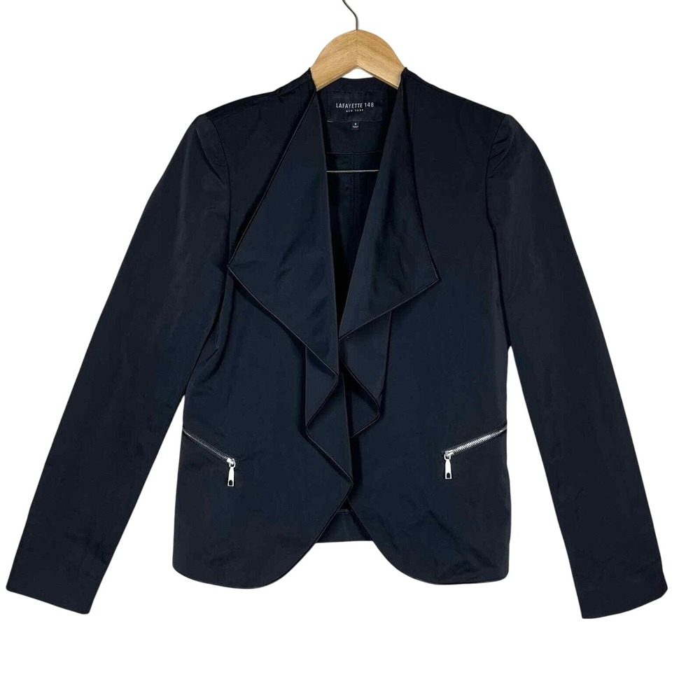 🔴 5 for $25! Lafayette 148 Jacket Draped Front Black Zip Pockets Women's Size
